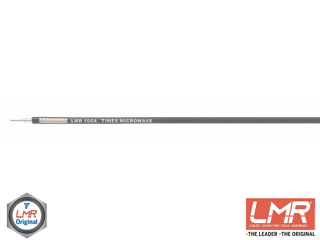 50 Ohms LMR-100-FR coax cable with non-halogen (non-toxic), low smoke, fire retardant jacket.